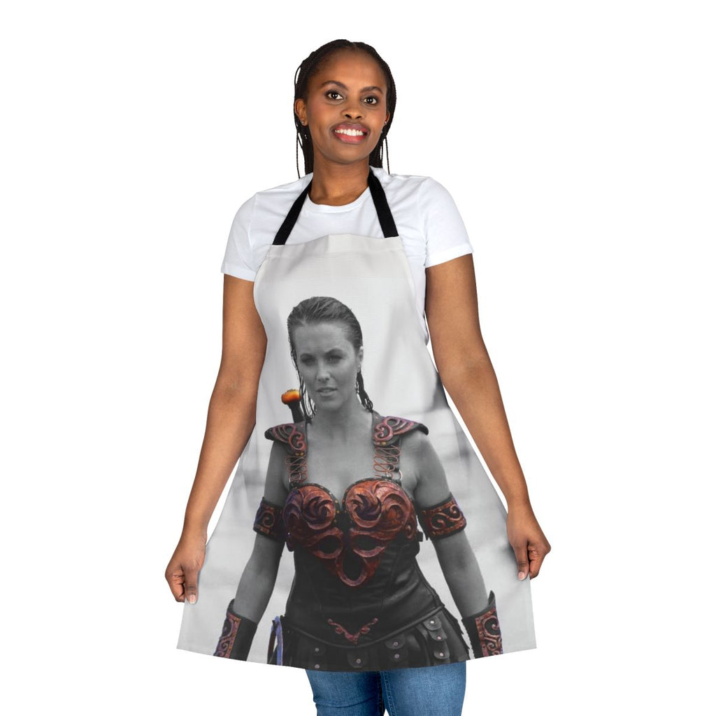 A high-quality apron featuring a warrior princess design, perfect for cosplay and fantasy-themed cooking or crafting.
