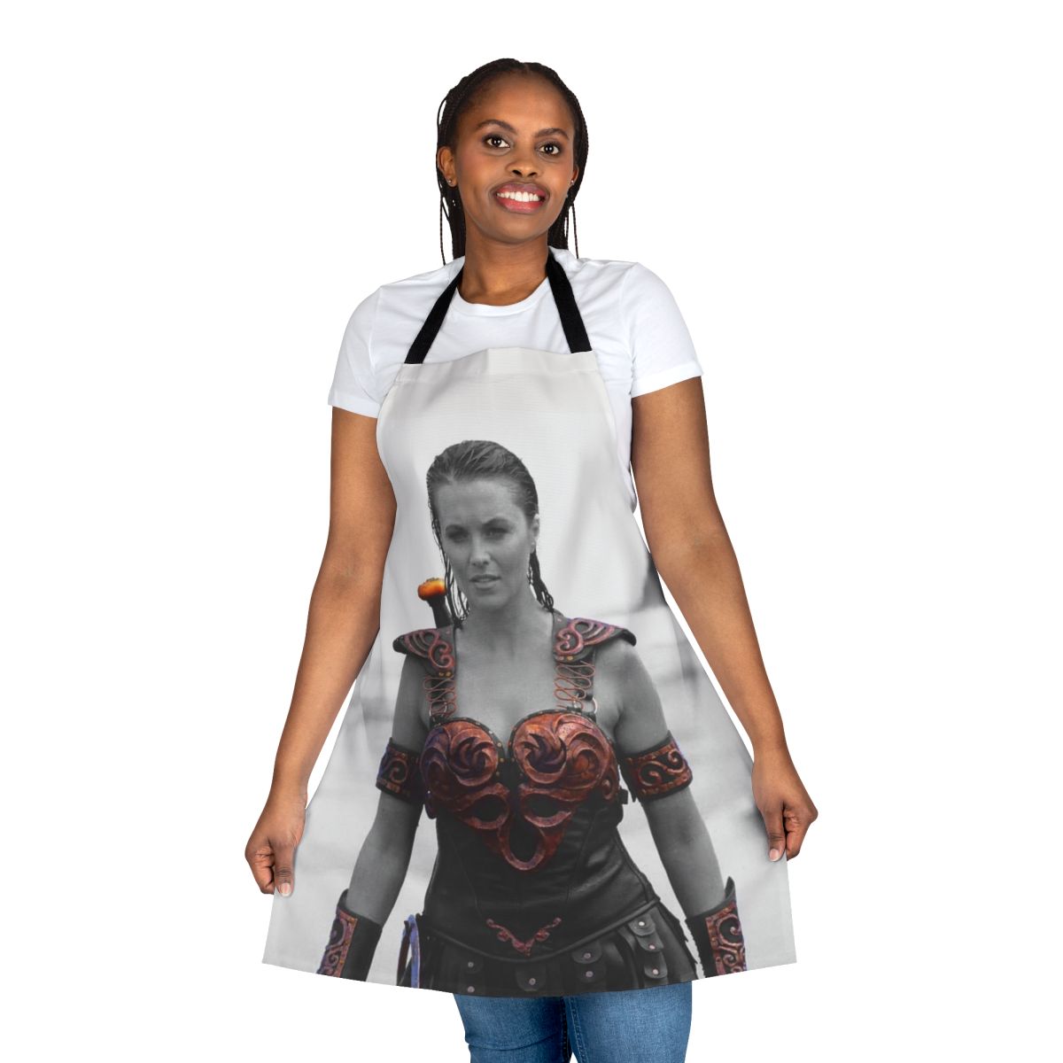A high-quality apron featuring a warrior princess design, perfect for cosplay and fantasy-themed cooking or crafting.