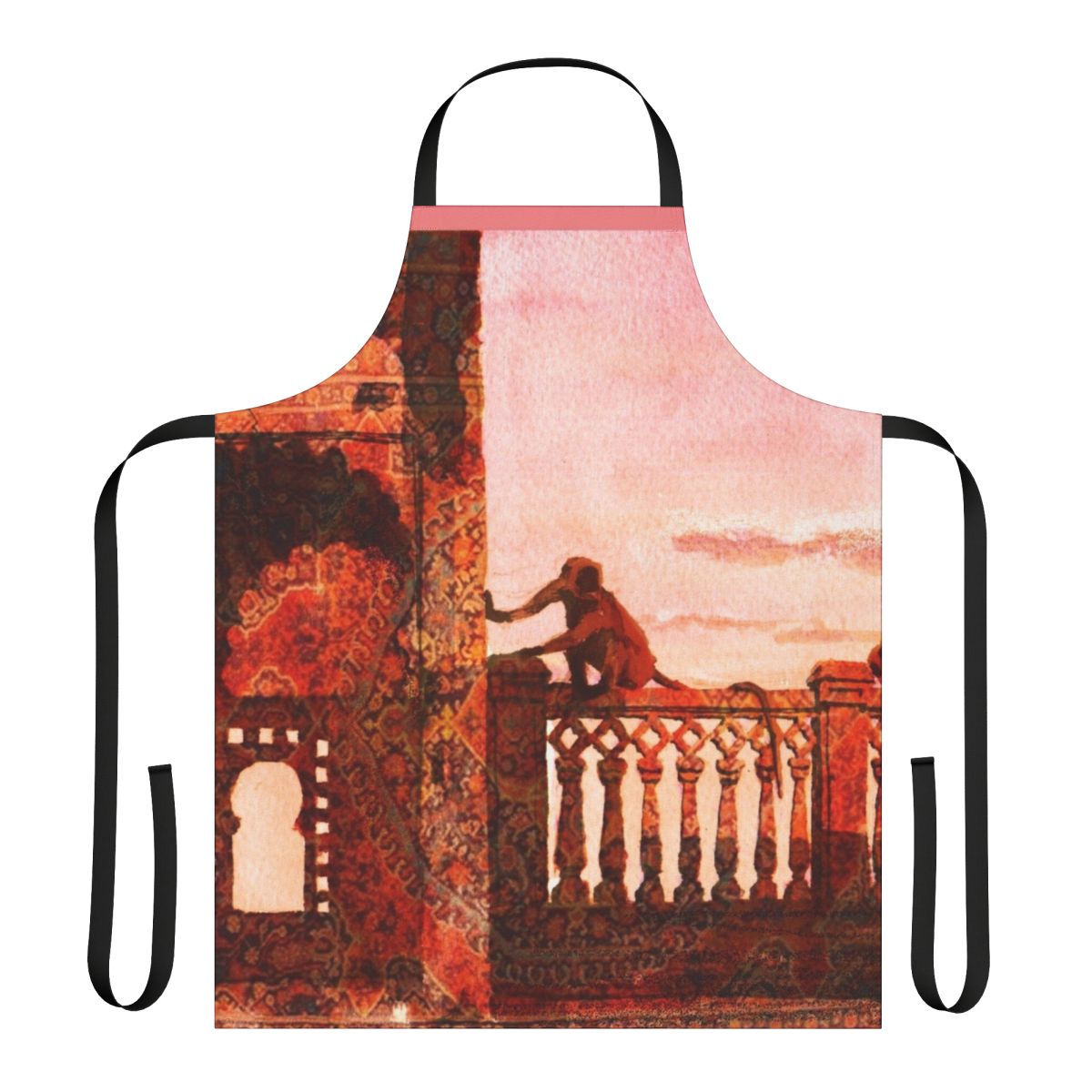 Watercolor apron featuring a design of macaques, or macacos, in a legendary animal style.