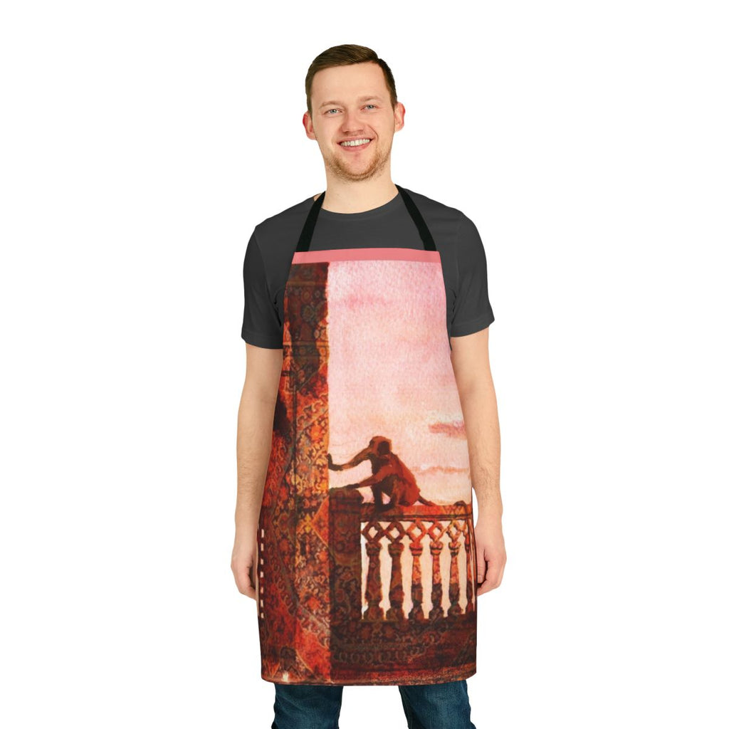 Watercolor apron featuring a design of macaques, or macacos, in a legendary animal style.