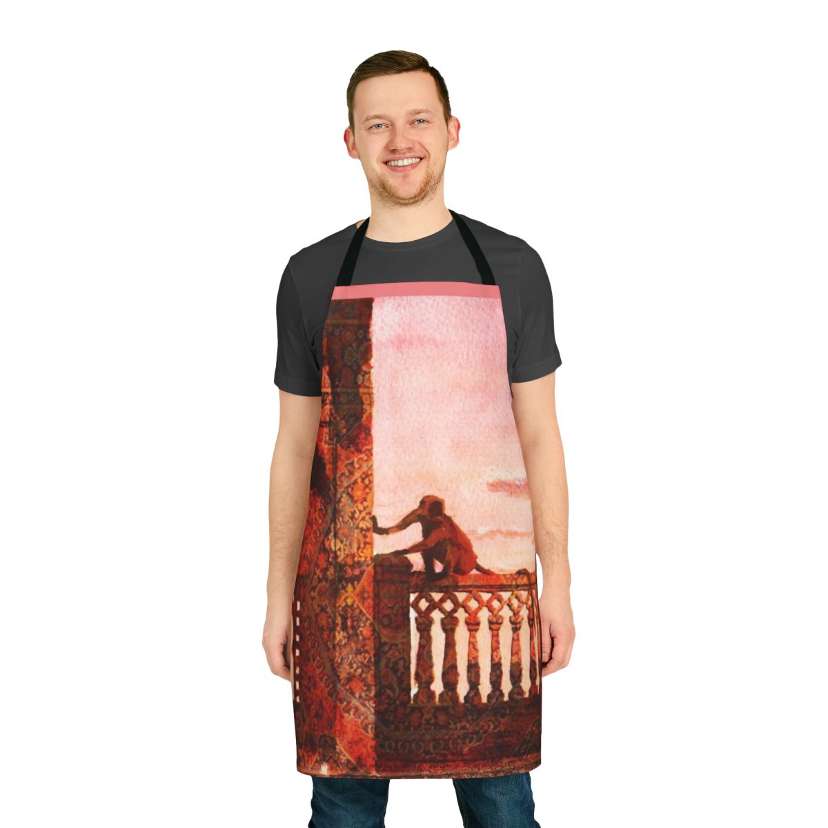 Watercolor apron featuring a design of macaques, or macacos, in a legendary animal style.