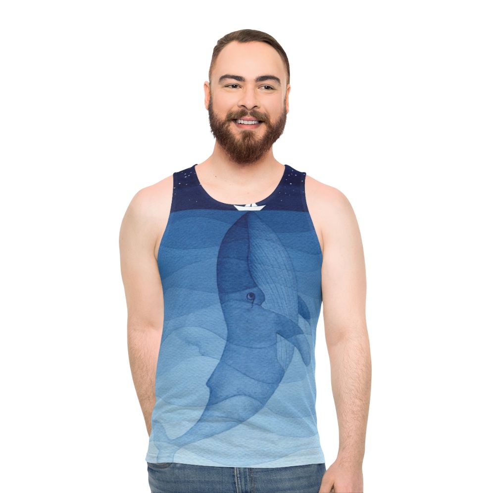 Watercolor blue whale on a unisex tank top