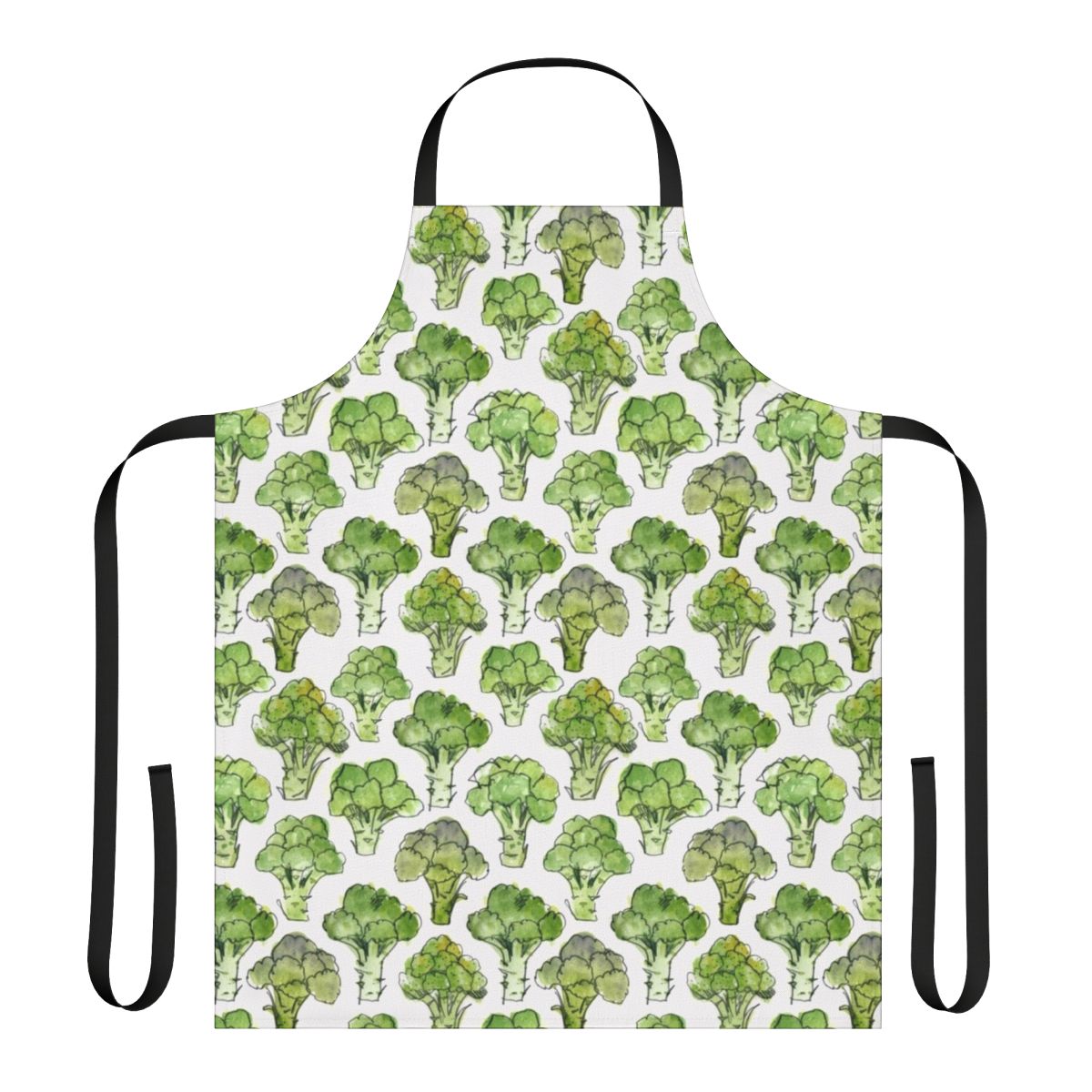 Watercolor illustration of broccoli florettes on a formal apron