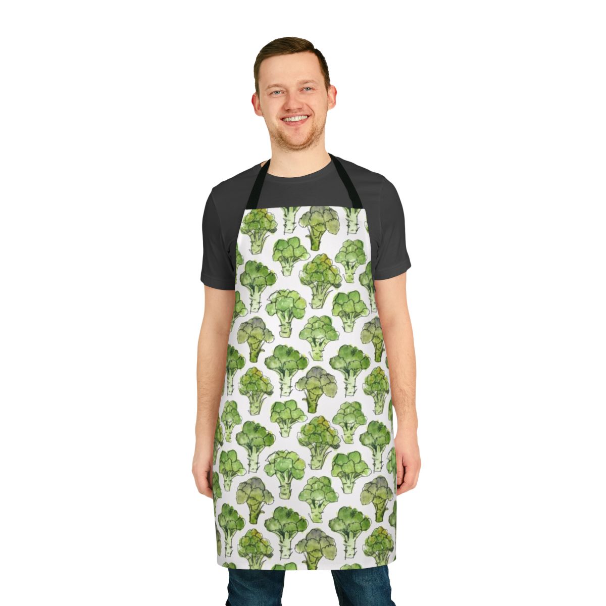 Watercolor illustration of broccoli florettes on a formal apron