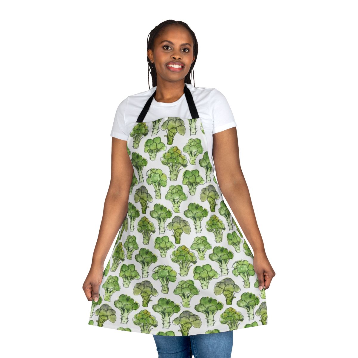 Watercolor illustration of broccoli florettes on a formal apron
