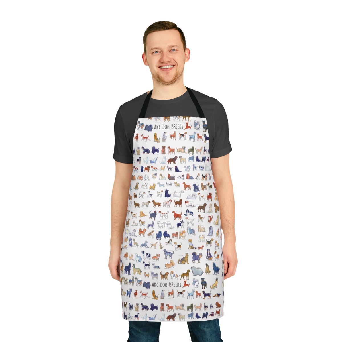Watercolor illustration of various AKC dog breeds on a high-quality apron