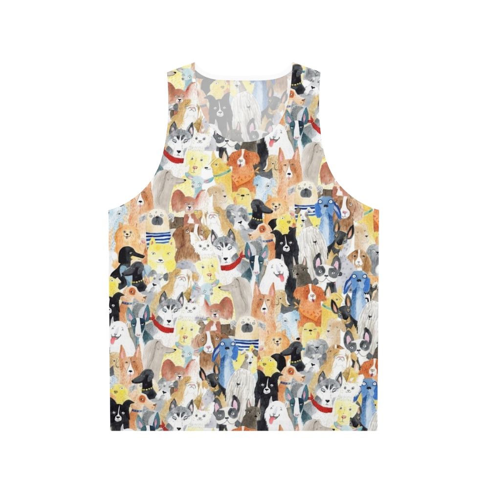 Watercolor painting of different dog breeds on a unisex tank top