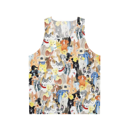 Watercolor painting of different dog breeds on a unisex tank top