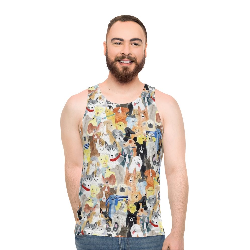 Watercolor painting of different dog breeds on a unisex tank top