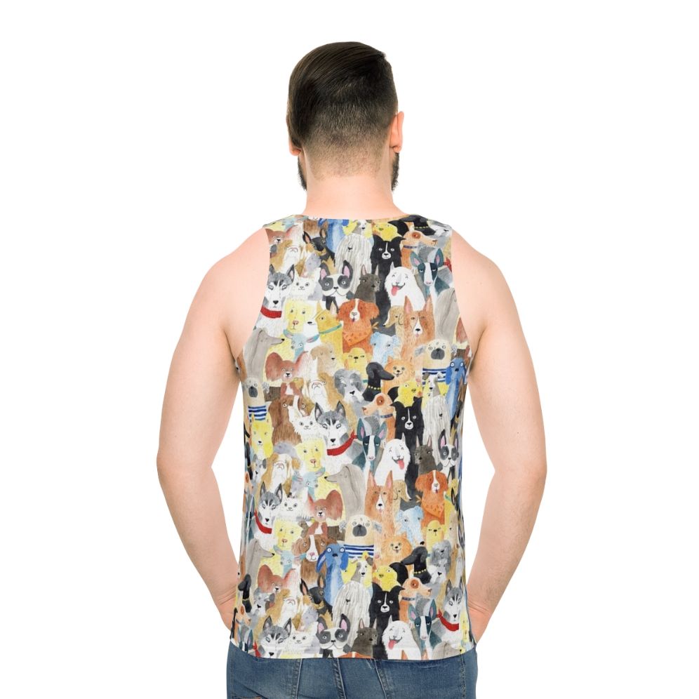 Watercolor painting of different dog breeds on a unisex tank top