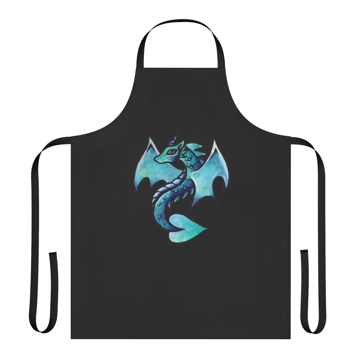Whimsical watercolor dragon artwork featured on a high-quality kitchen apron.