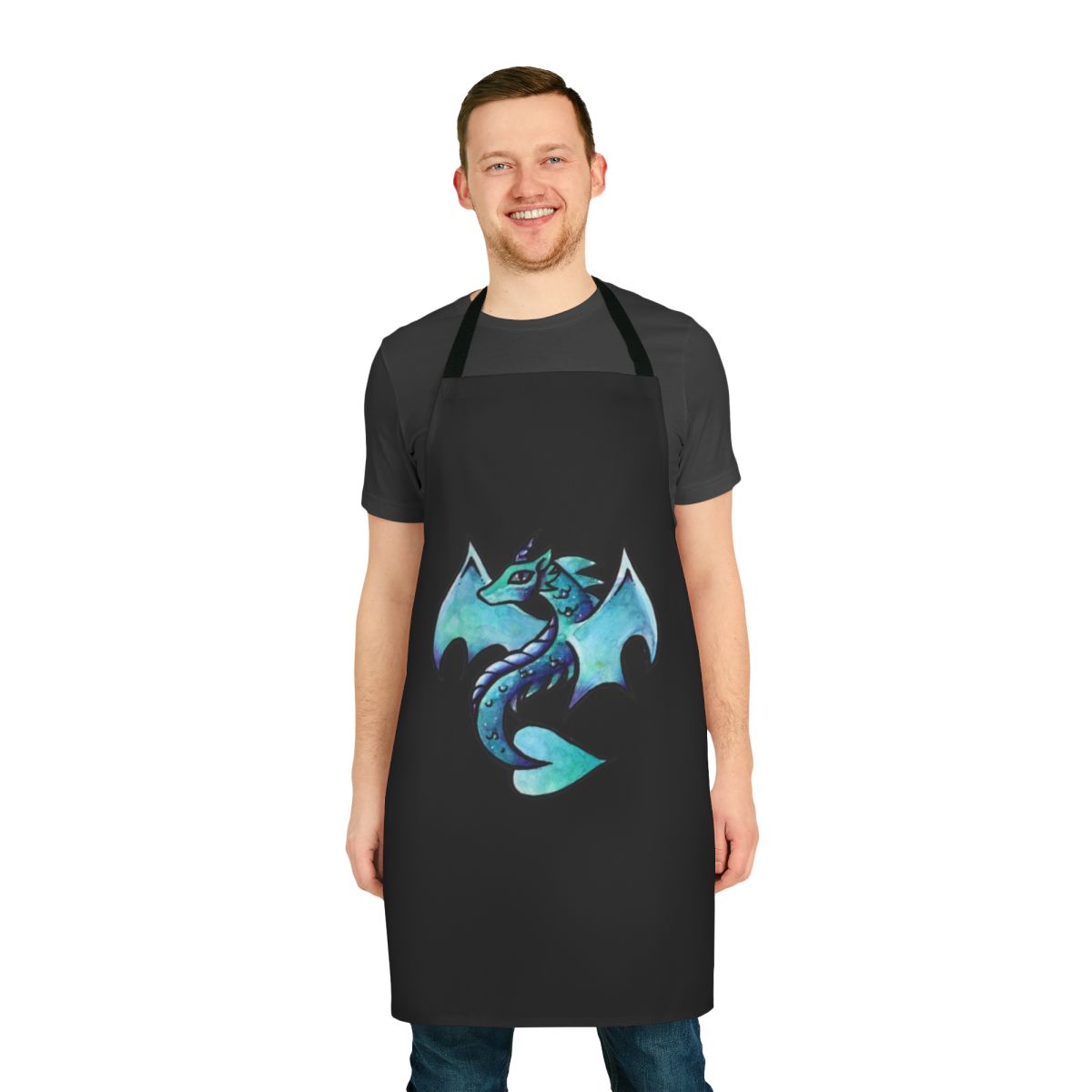 Whimsical watercolor dragon artwork featured on a high-quality kitchen apron.