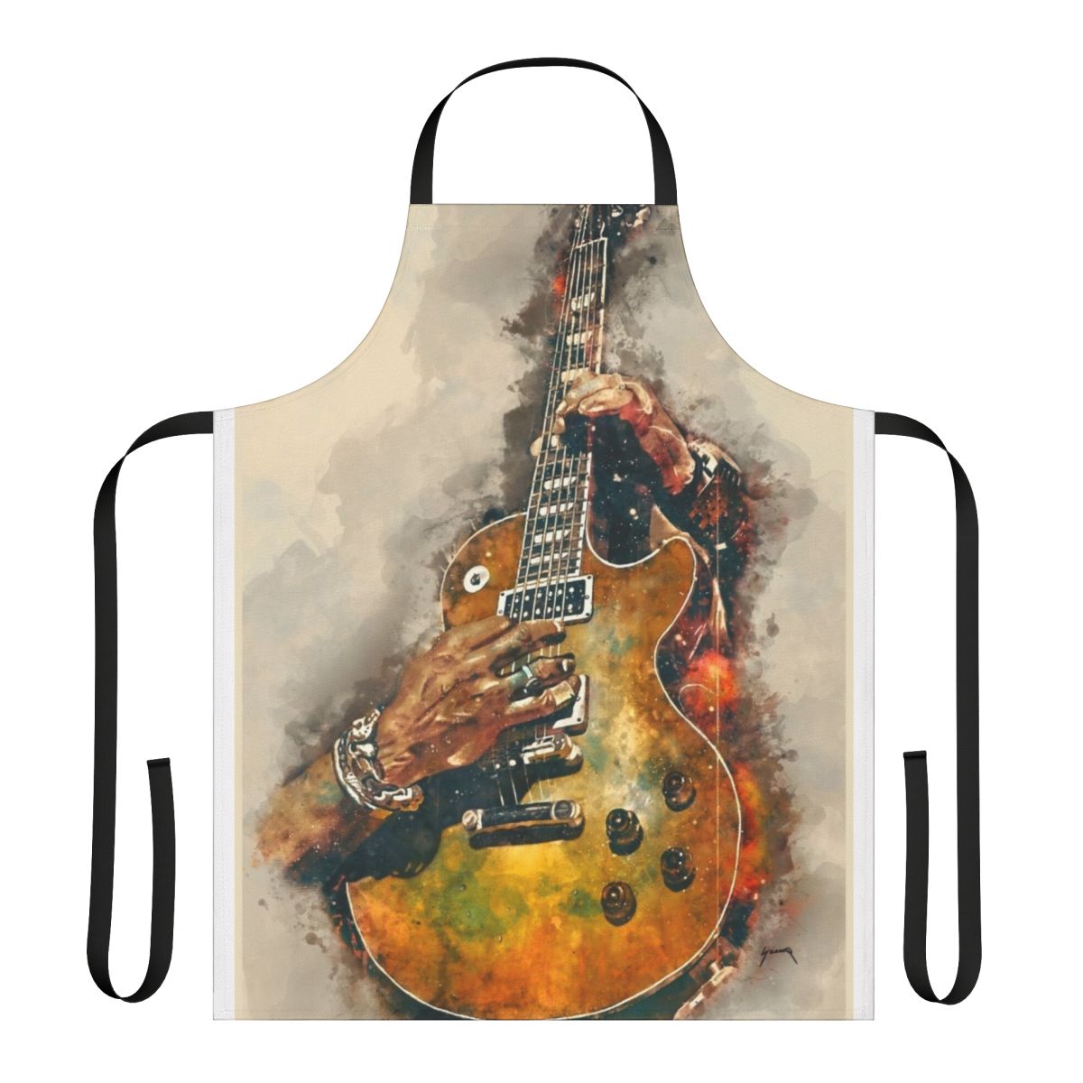Watercolor-style electric guitar design on a high-quality apron for musicians and music enthusiasts.