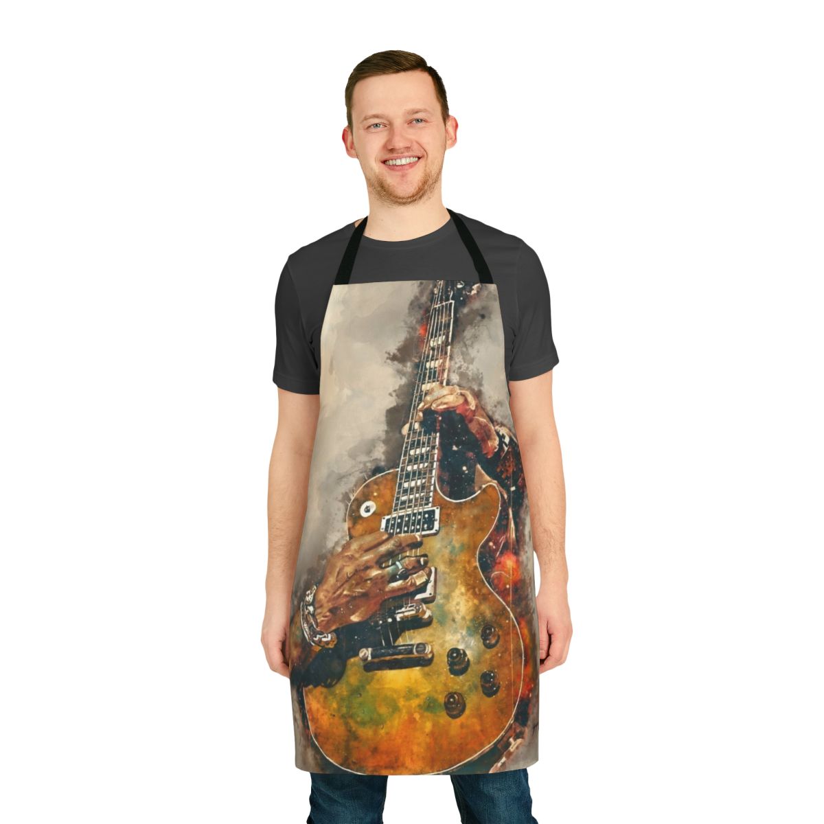 Watercolor-style electric guitar design on a high-quality apron for musicians and music enthusiasts.
