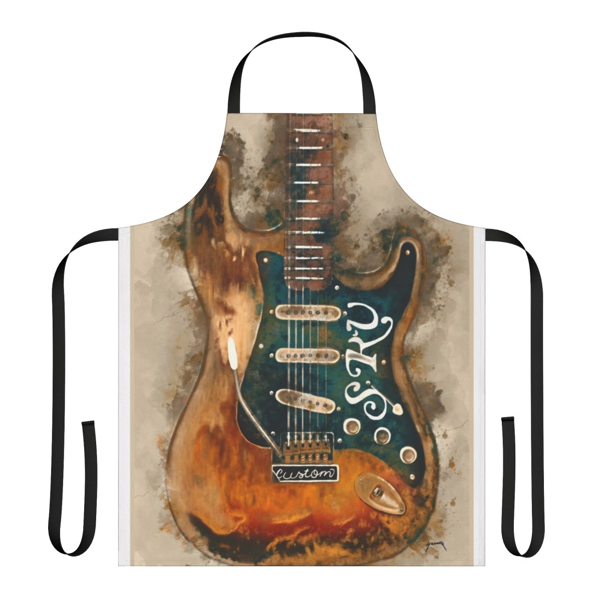 Watercolor illustration of an electric guitar on a durable apron for music lovers and Stevie Ray Vaughan fans.