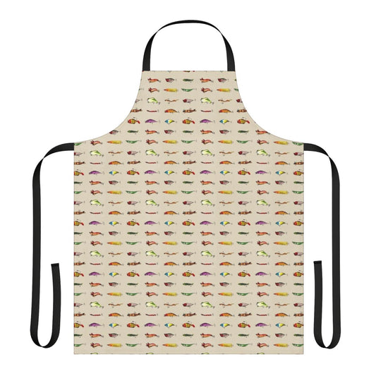 Watercolor fishing lures pattern printed on an apron