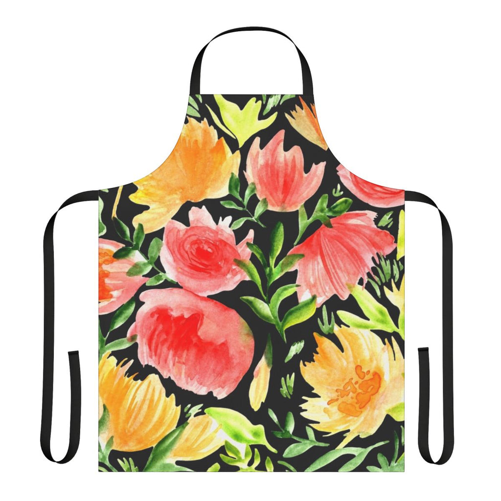 Watercolor floral art design on a black background apron