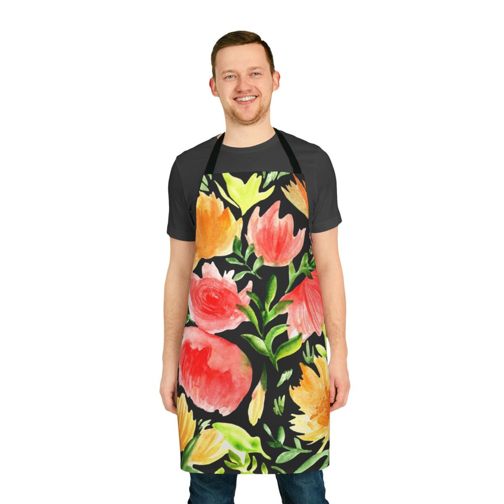 Watercolor floral art design on a black background apron
