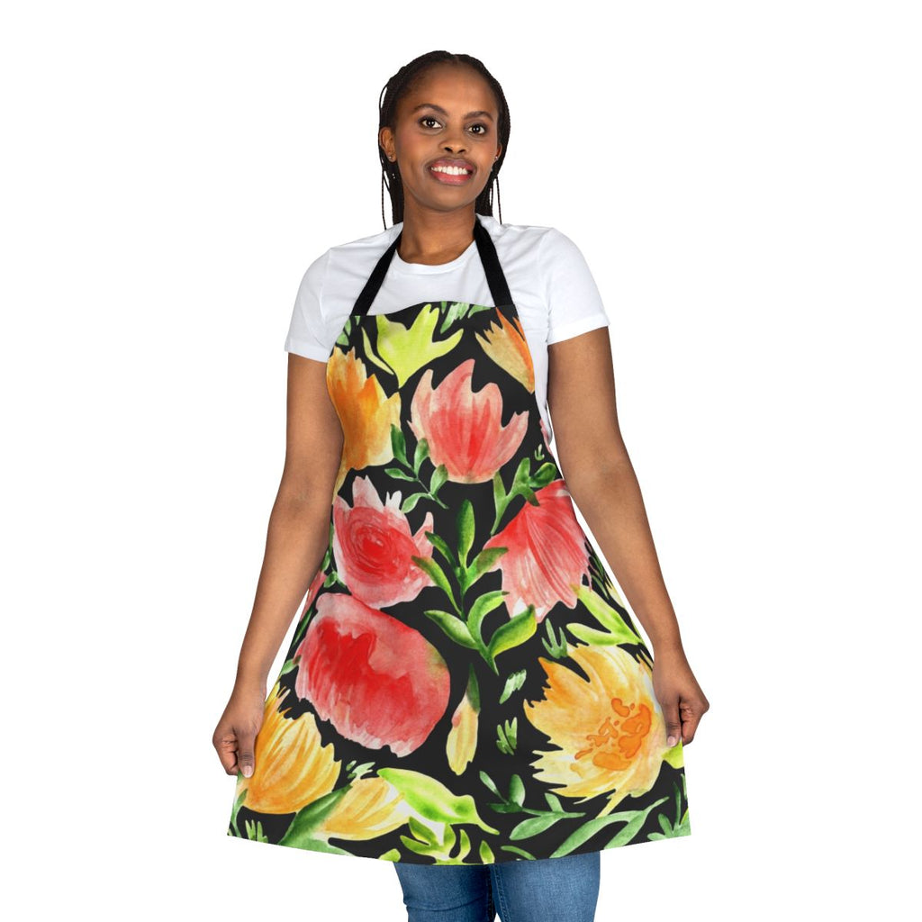 Watercolor floral art design on a black background apron