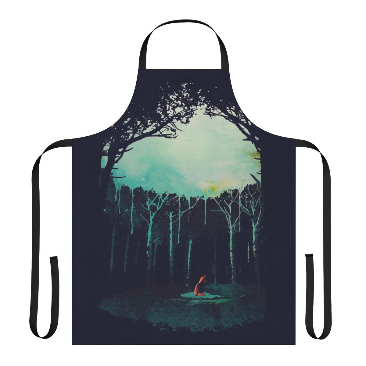Watercolor illustration of a fox in a lush forest on a durable and stylish kitchen apron