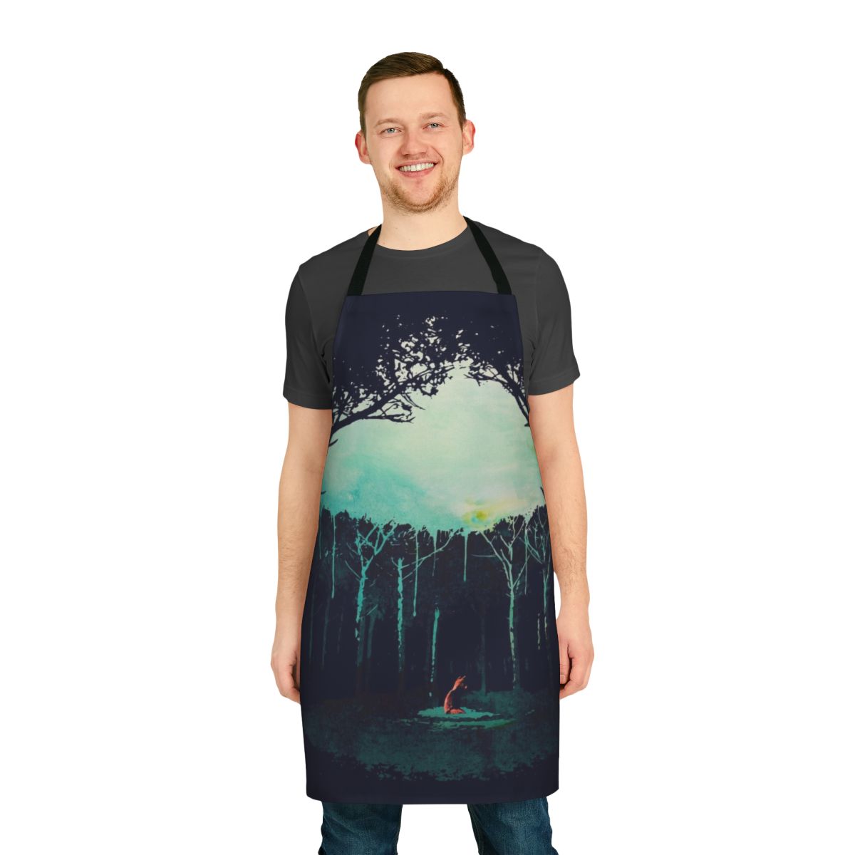 Watercolor illustration of a fox in a lush forest on a durable and stylish kitchen apron