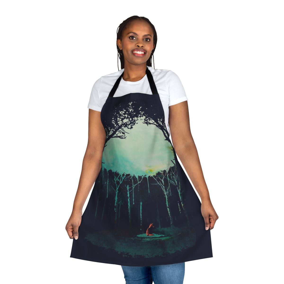 Watercolor illustration of a fox in a lush forest on a durable and stylish kitchen apron