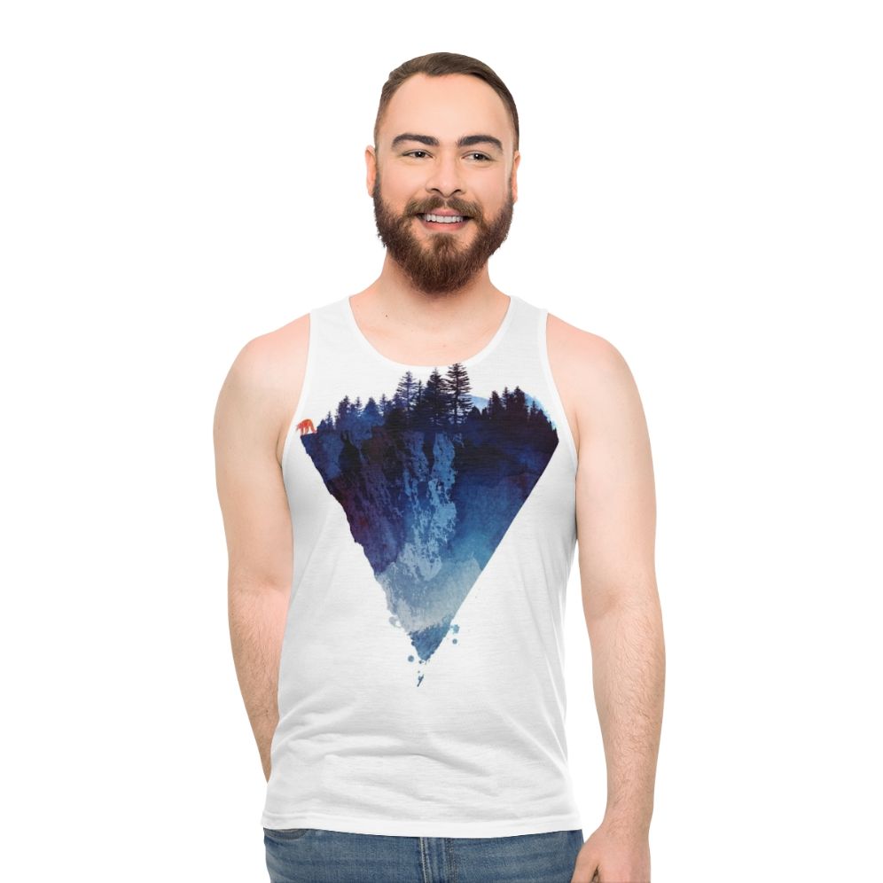 Watercolor design of a fox in a forest on a unisex tank top