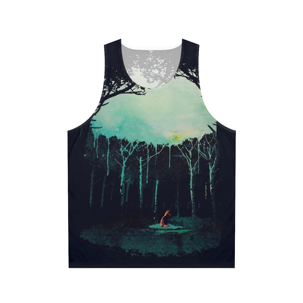Watercolor painting of a forest scene with a fox on a unisex tank top