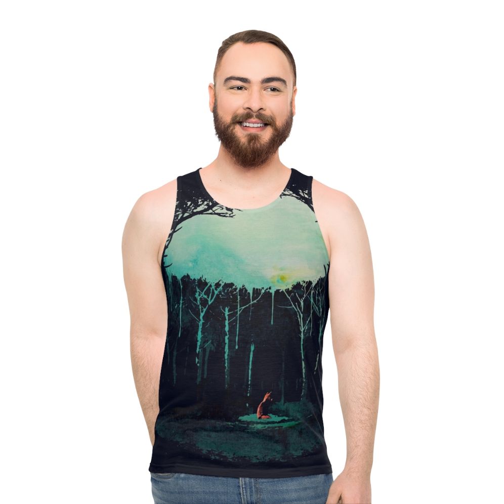 Watercolor painting of a forest scene with a fox on a unisex tank top