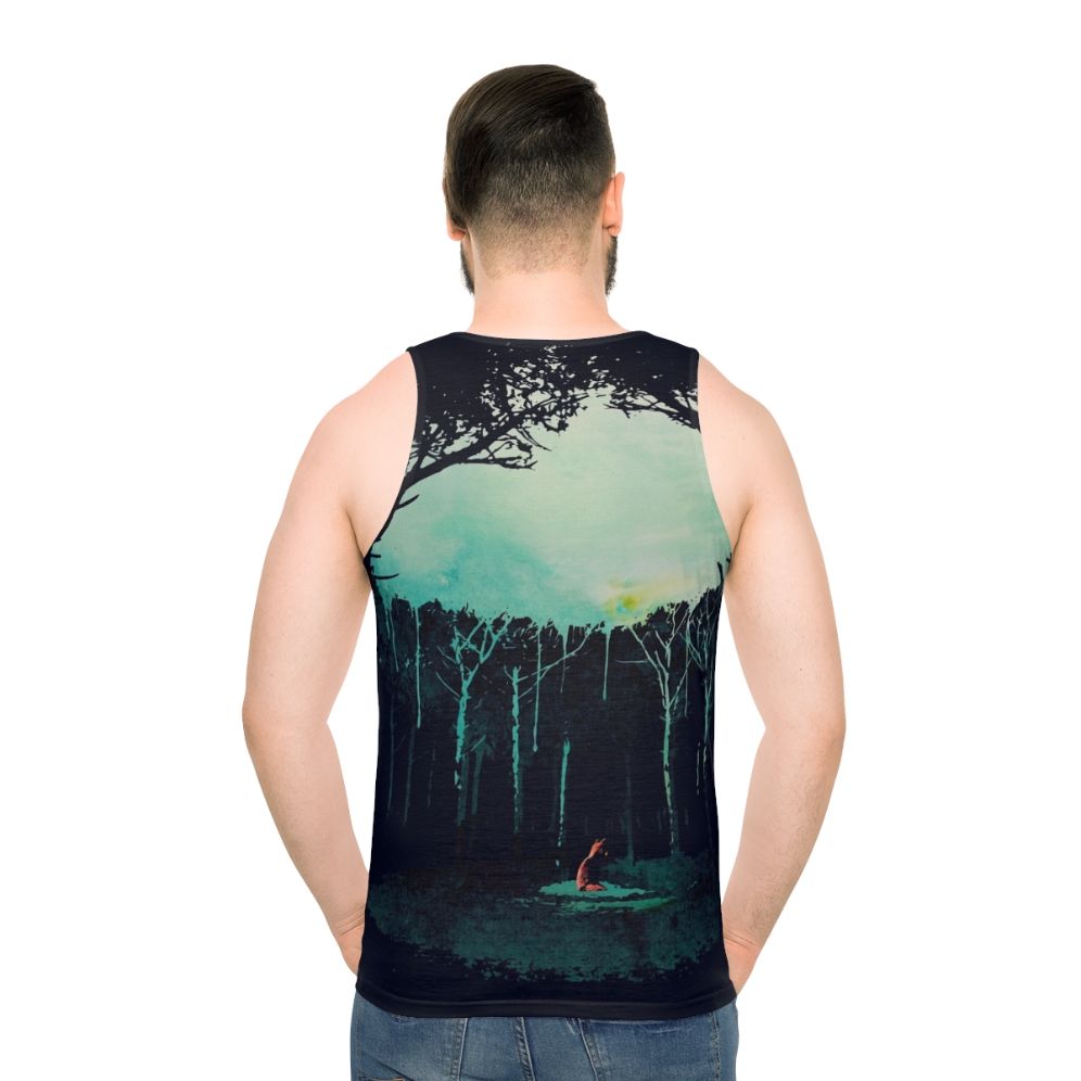 Watercolor painting of a forest scene with a fox on a unisex tank top