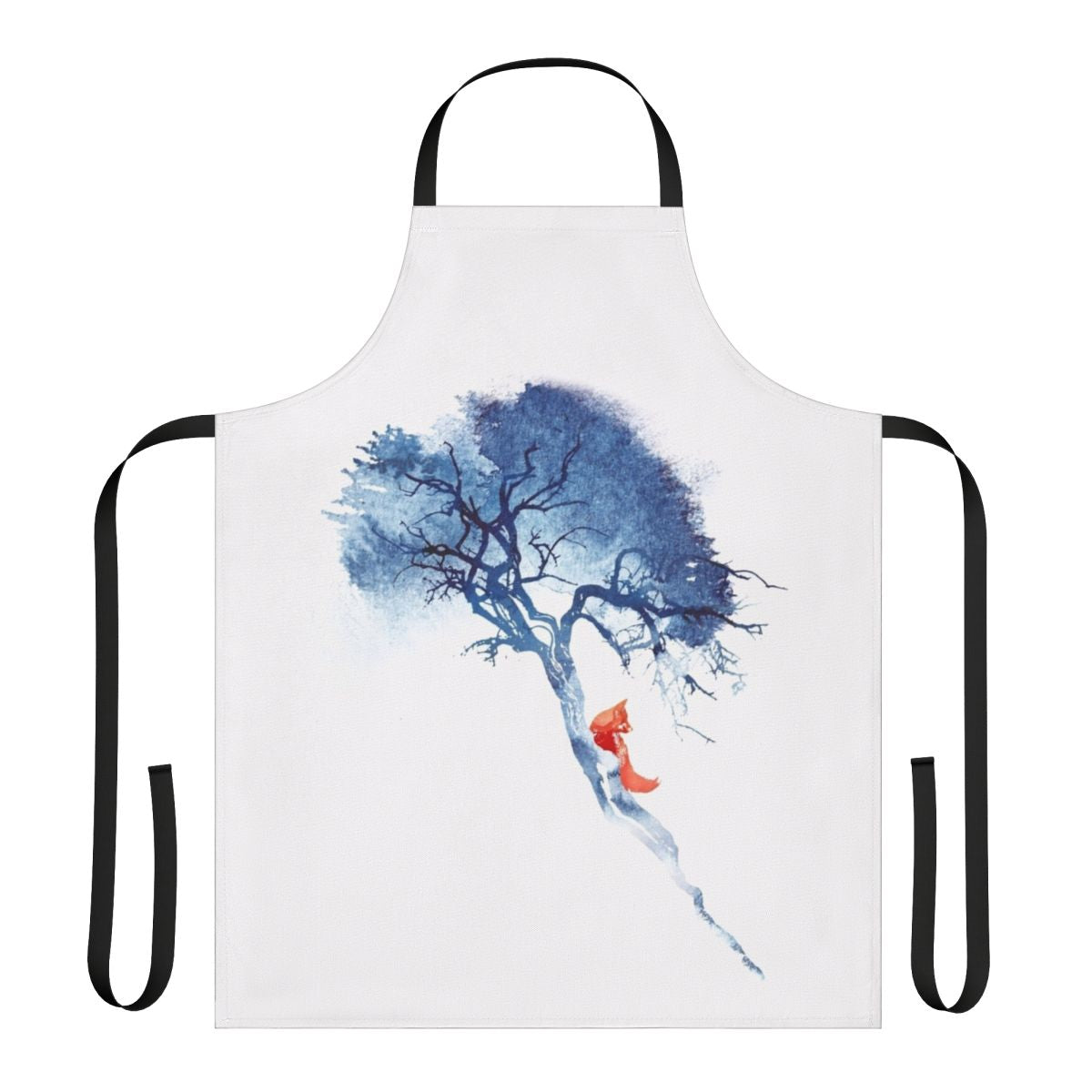 Watercolor painting of a fox on a blue and red apron for the kitchen or outdoor cooking