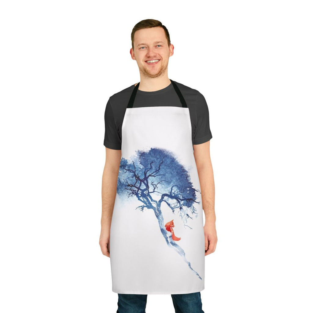Watercolor painting of a fox on a blue and red apron for the kitchen or outdoor cooking