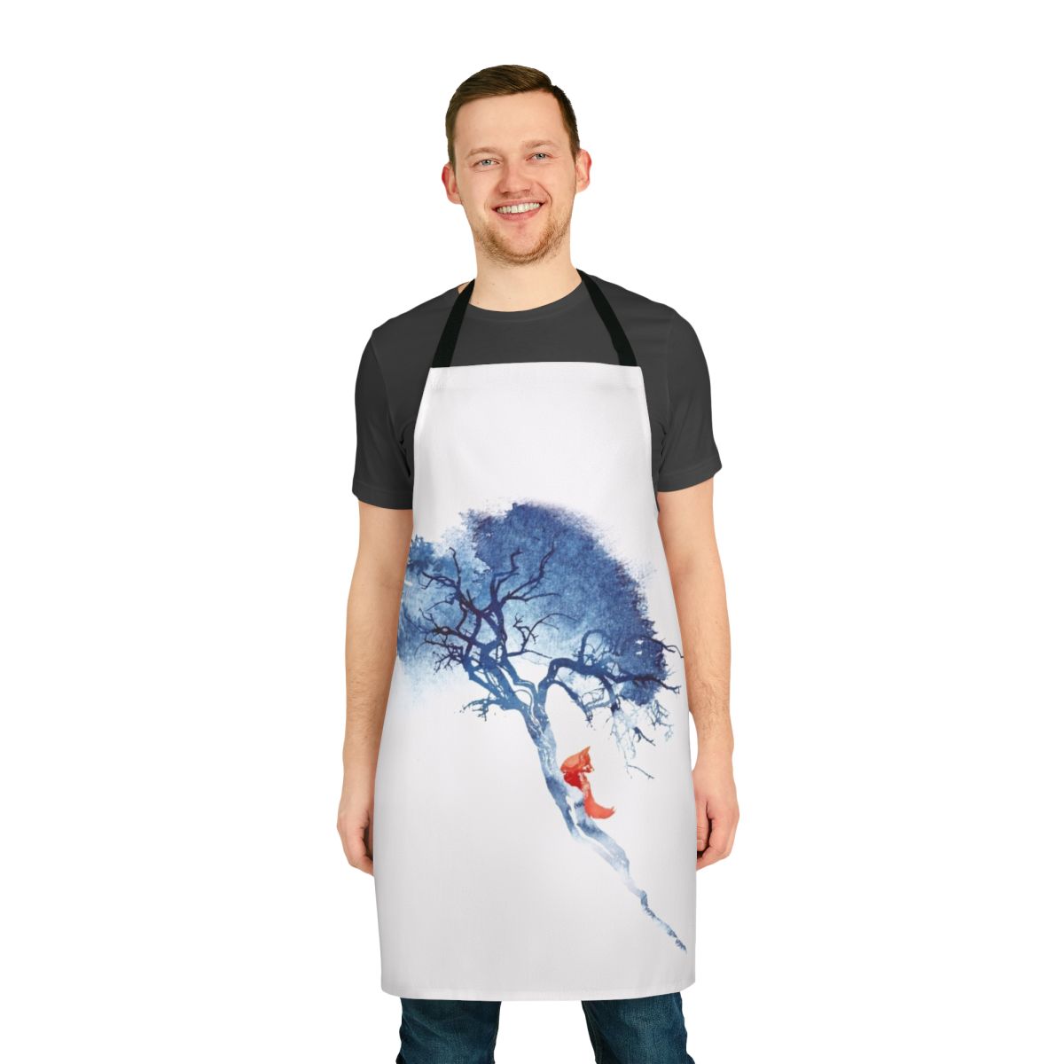 Watercolor painting of a fox on a blue and red apron for the kitchen or outdoor cooking