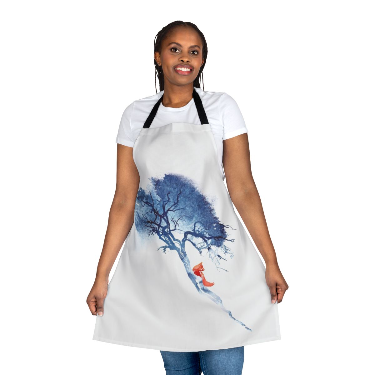 Watercolor painting of a fox on a blue and red apron for the kitchen or outdoor cooking