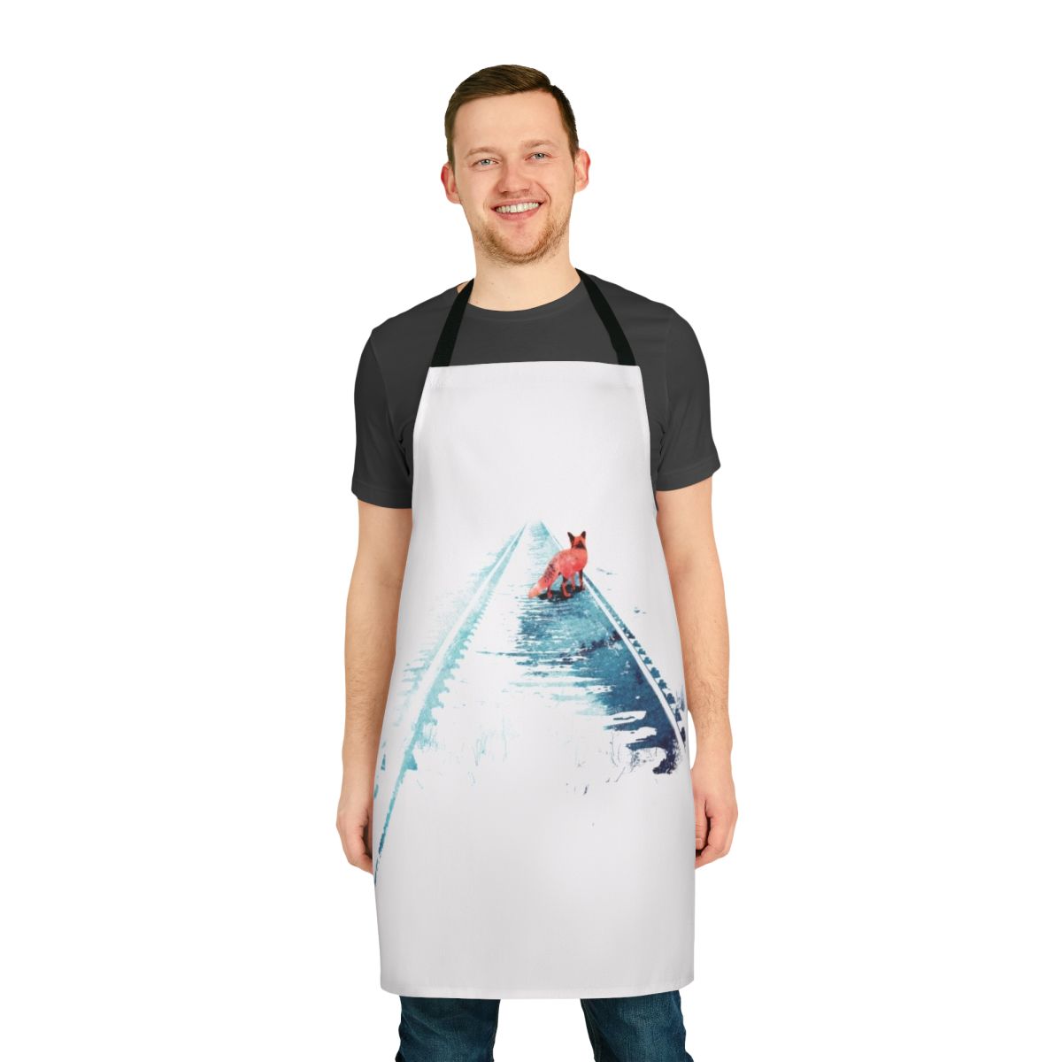 Watercolor illustration of a fox in a nature setting on an apron