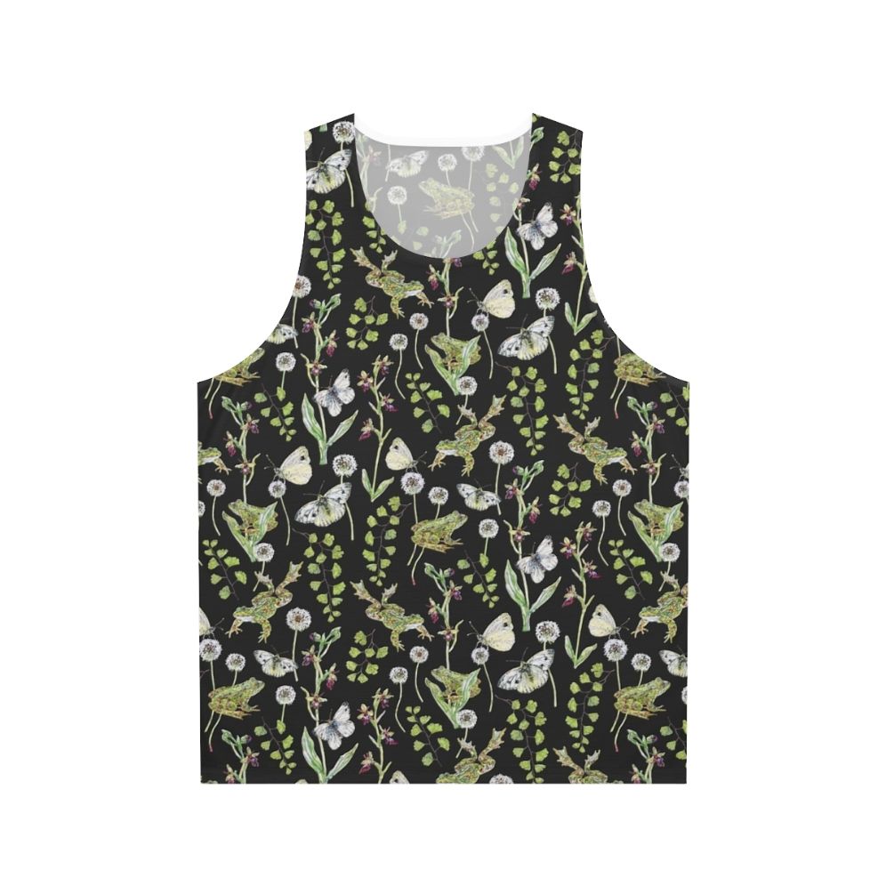 Watercolor illustration of frogs and orchids on a unisex tank top