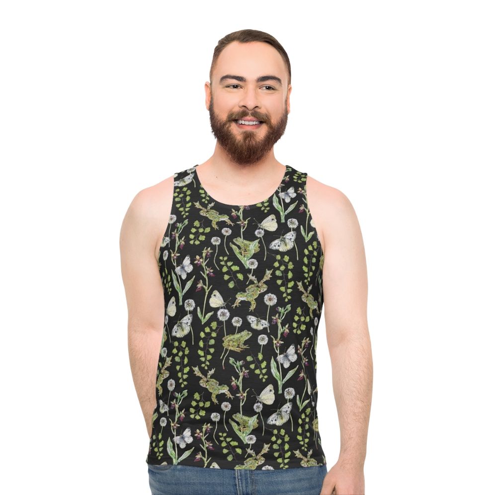 Watercolor illustration of frogs and orchids on a unisex tank top