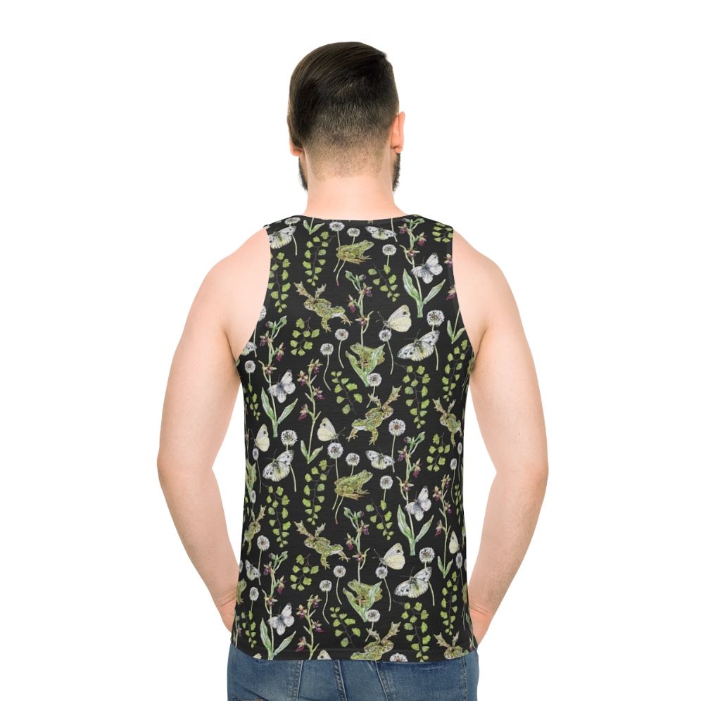 Watercolor illustration of frogs and orchids on a unisex tank top