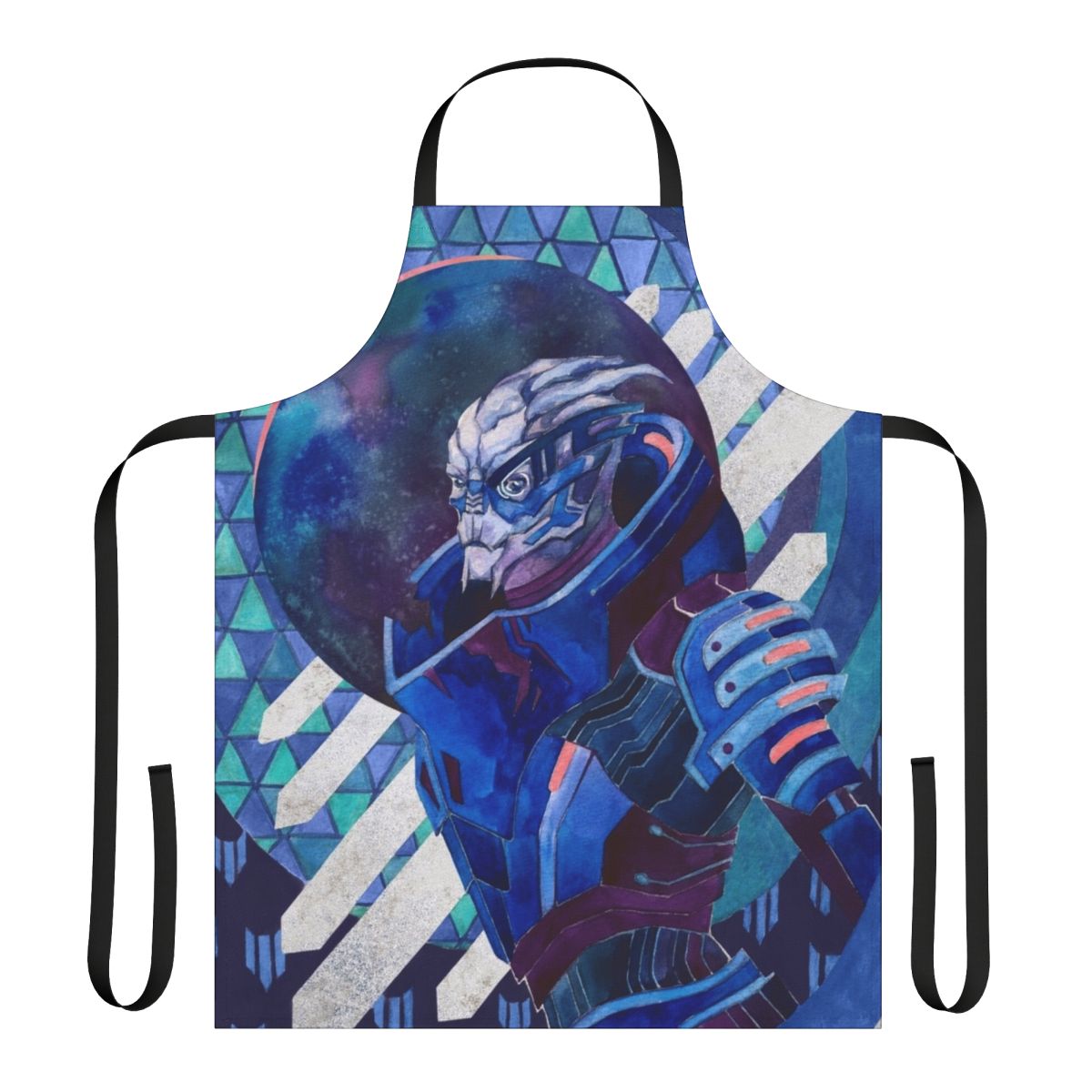 Vibrant watercolor and ink portrait of Mass Effect character Garrus Vakarian on an apron.