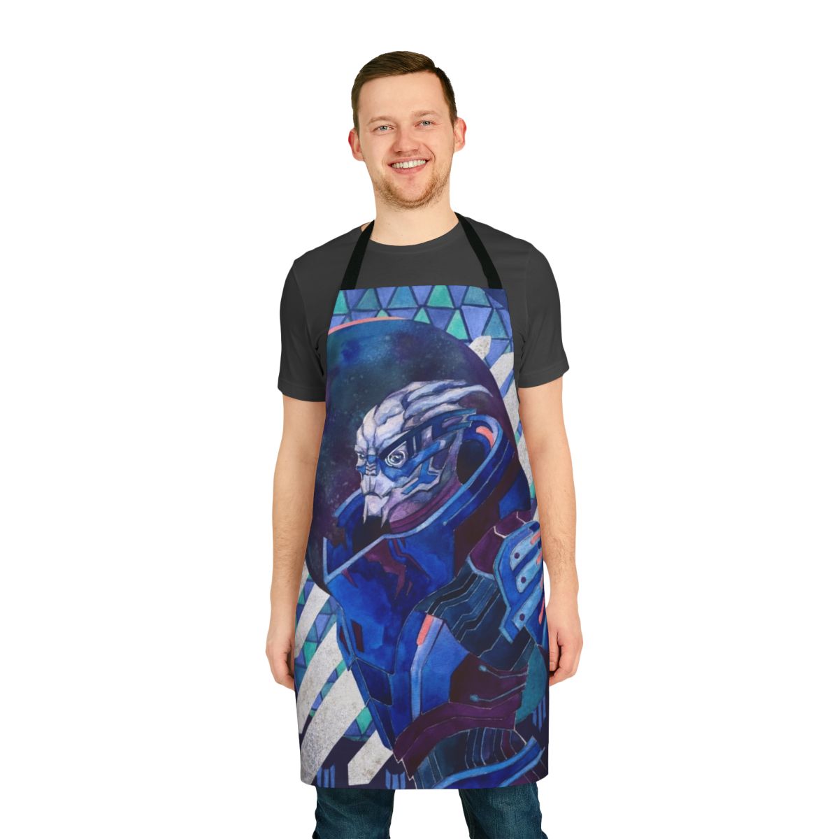 Vibrant watercolor and ink portrait of Mass Effect character Garrus Vakarian on an apron.