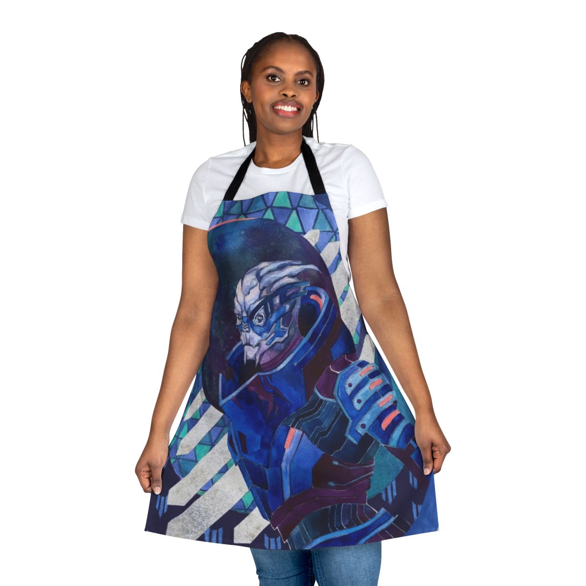 Vibrant watercolor and ink portrait of Mass Effect character Garrus Vakarian on an apron.