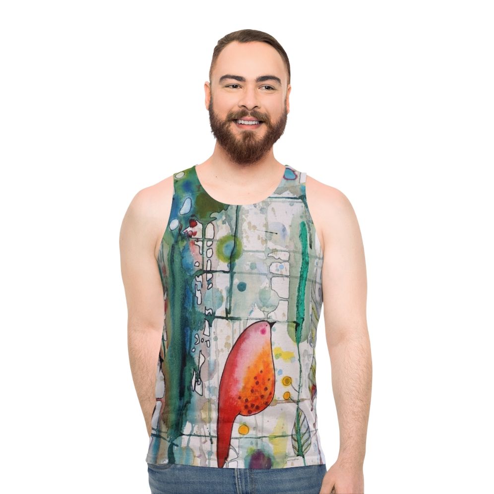 Watercolor and ink bird tank top