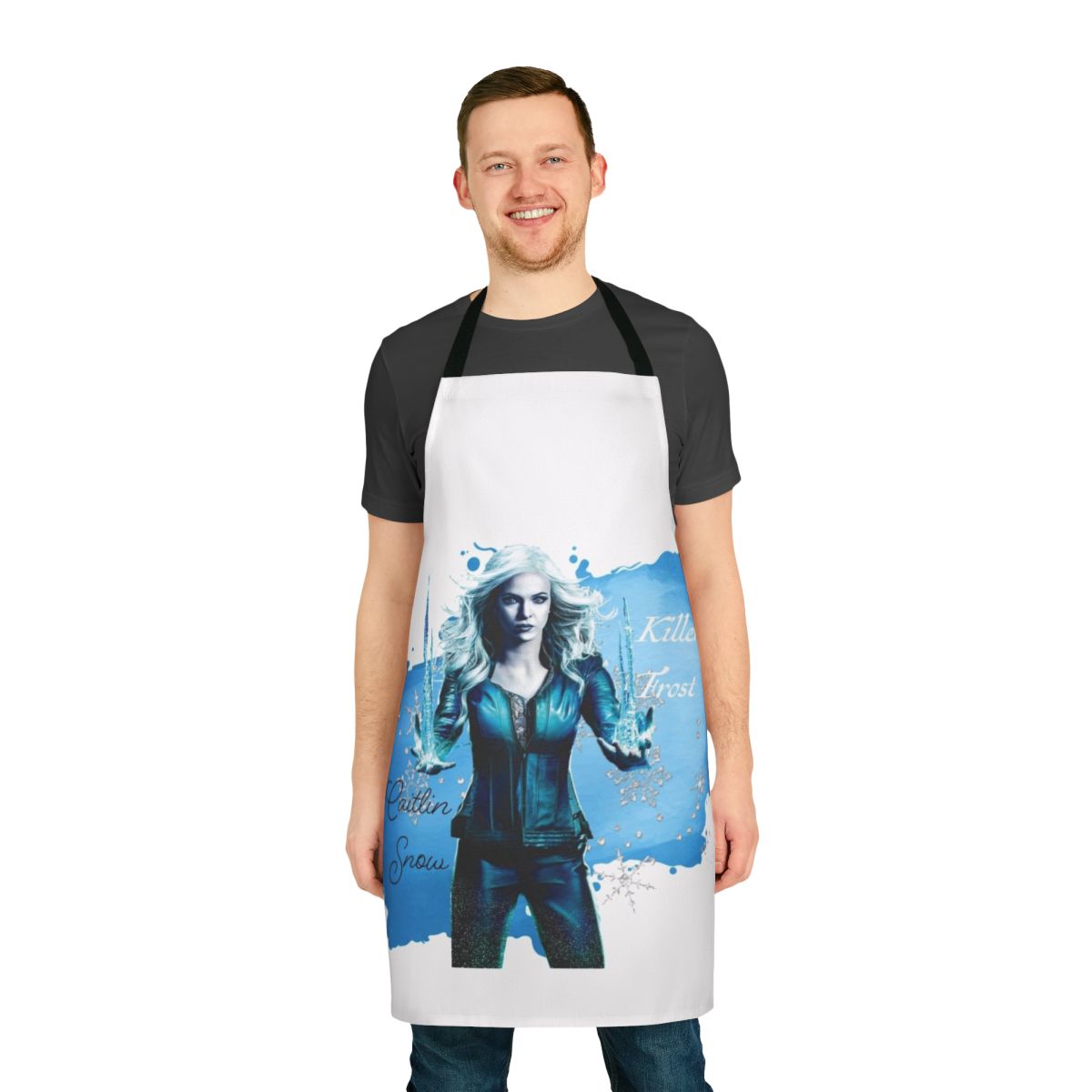 Watercolor-style apron featuring the DC Comics villain Killer Frost in shades of blue and white