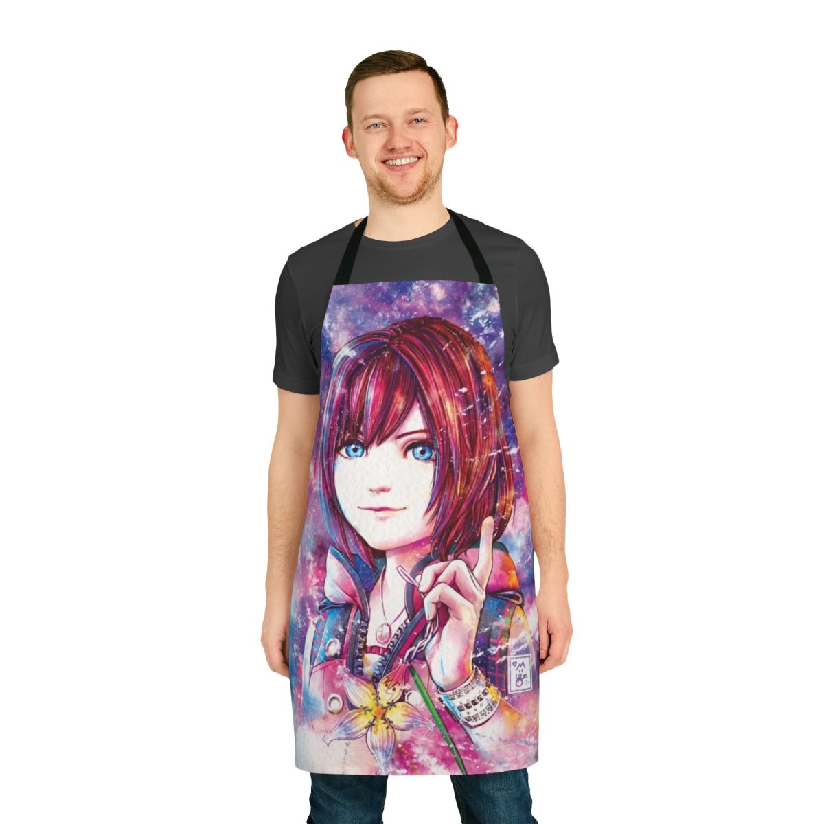 A watercolor-style apron featuring characters from the popular Kingdom Hearts video game series.