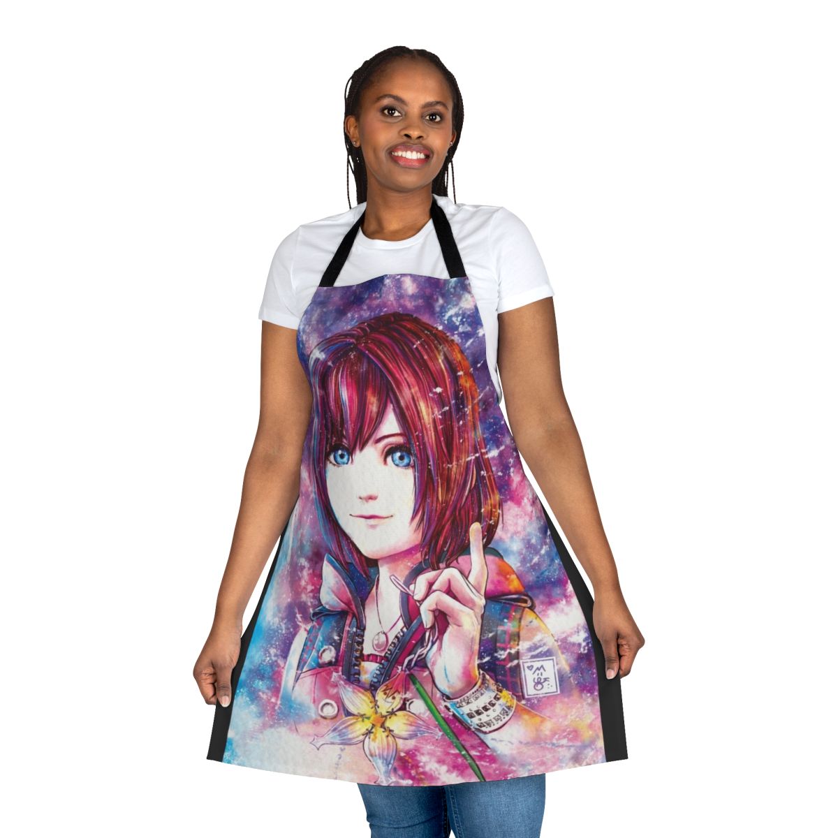 A watercolor-style apron featuring characters from the popular Kingdom Hearts video game series.