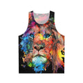 Unisex tank top featuring a vibrant watercolor lion design