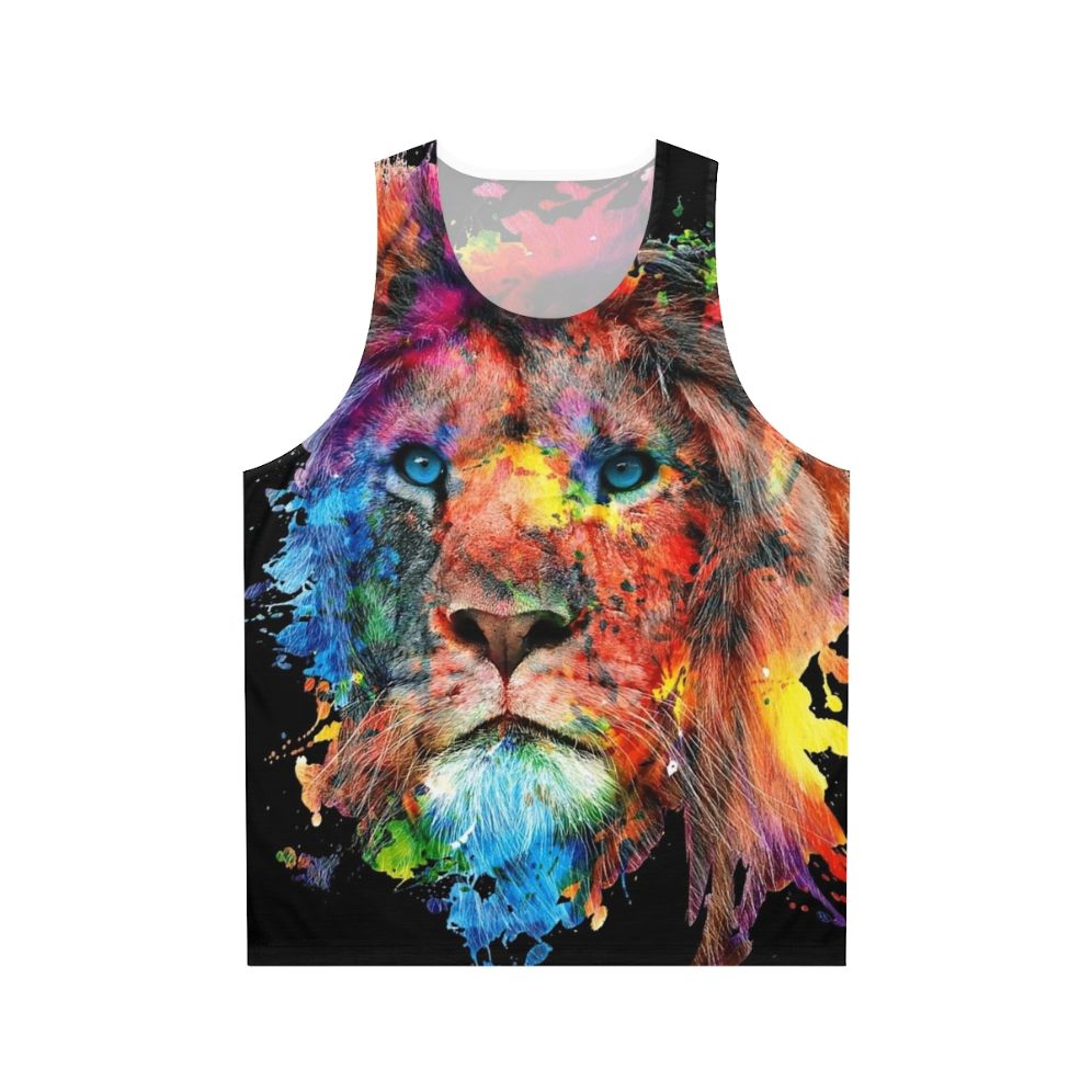 Unisex tank top featuring a vibrant watercolor lion design