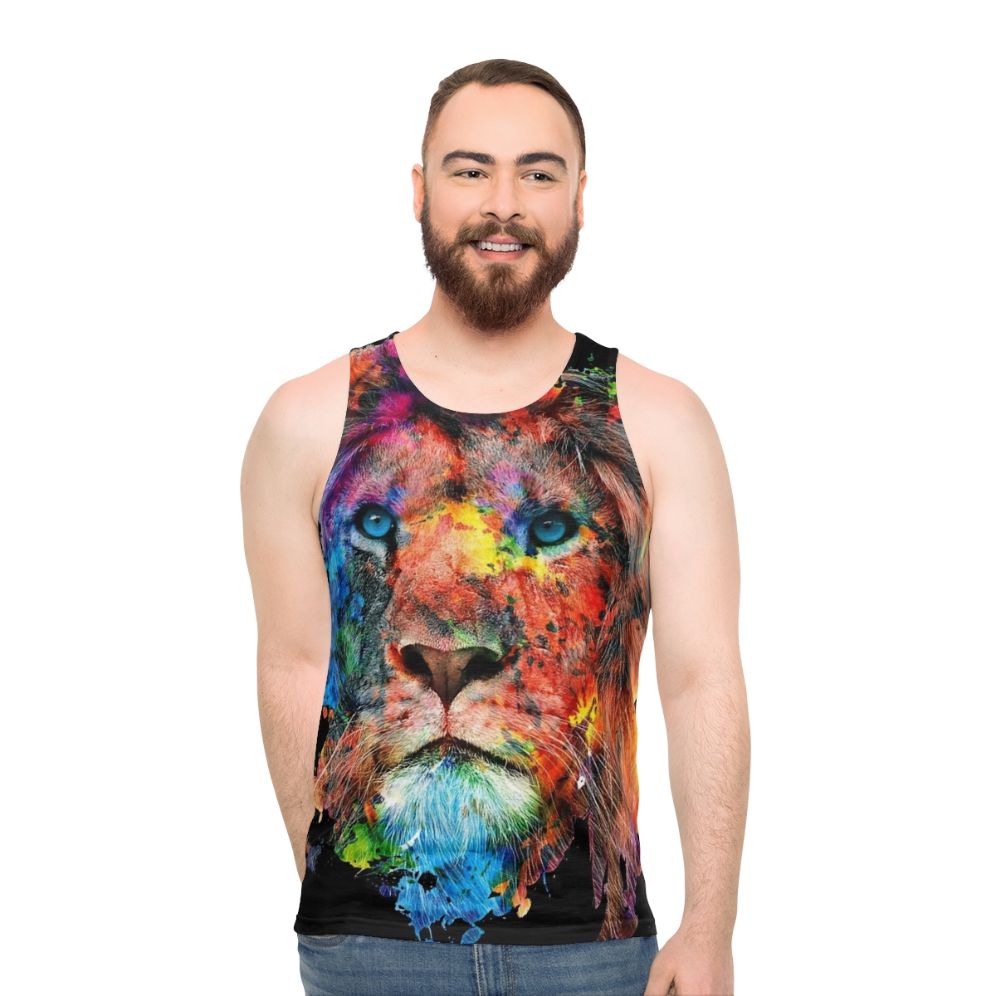 Unisex tank top featuring a vibrant watercolor lion design