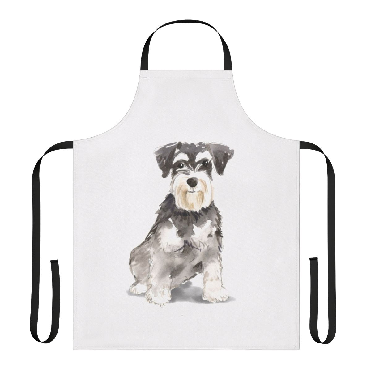 Watercolor illustration of a miniature schnauzer on an apron
