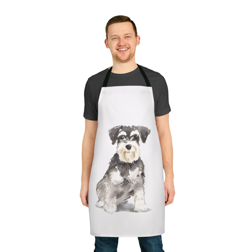 Watercolor illustration of a miniature schnauzer on an apron